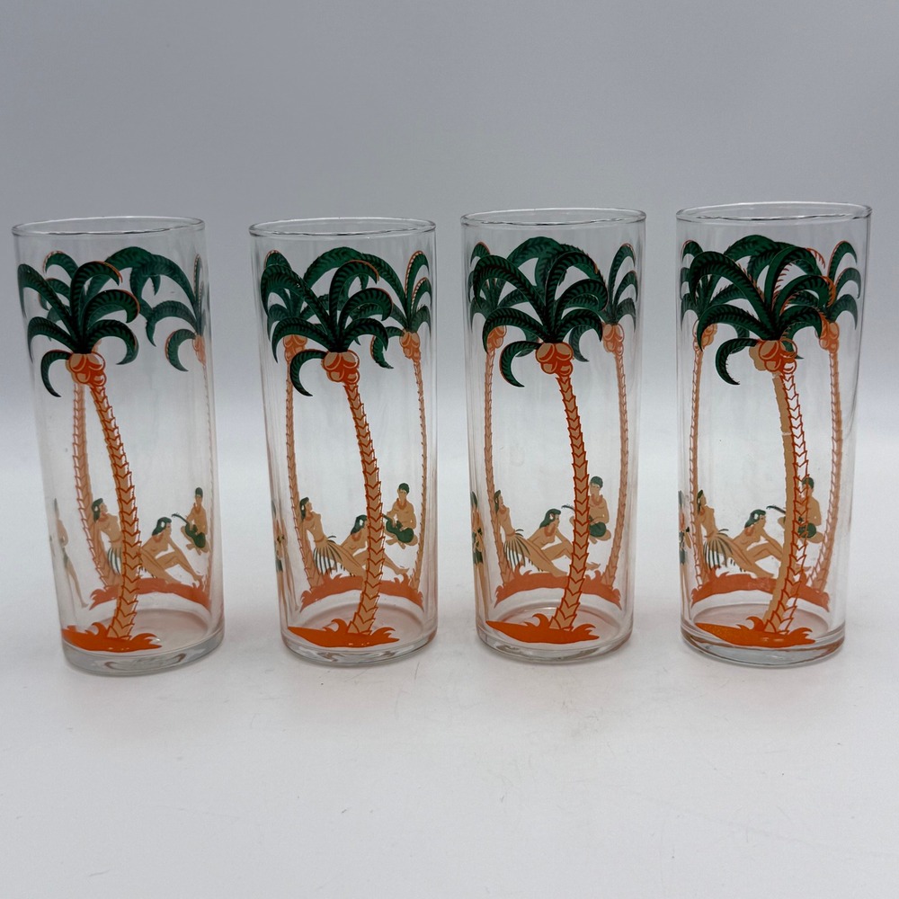 Vtg Libbey Hawaiian Tiki Highball Glass Set of 4 Palm Tree Hula Dancer Tropical